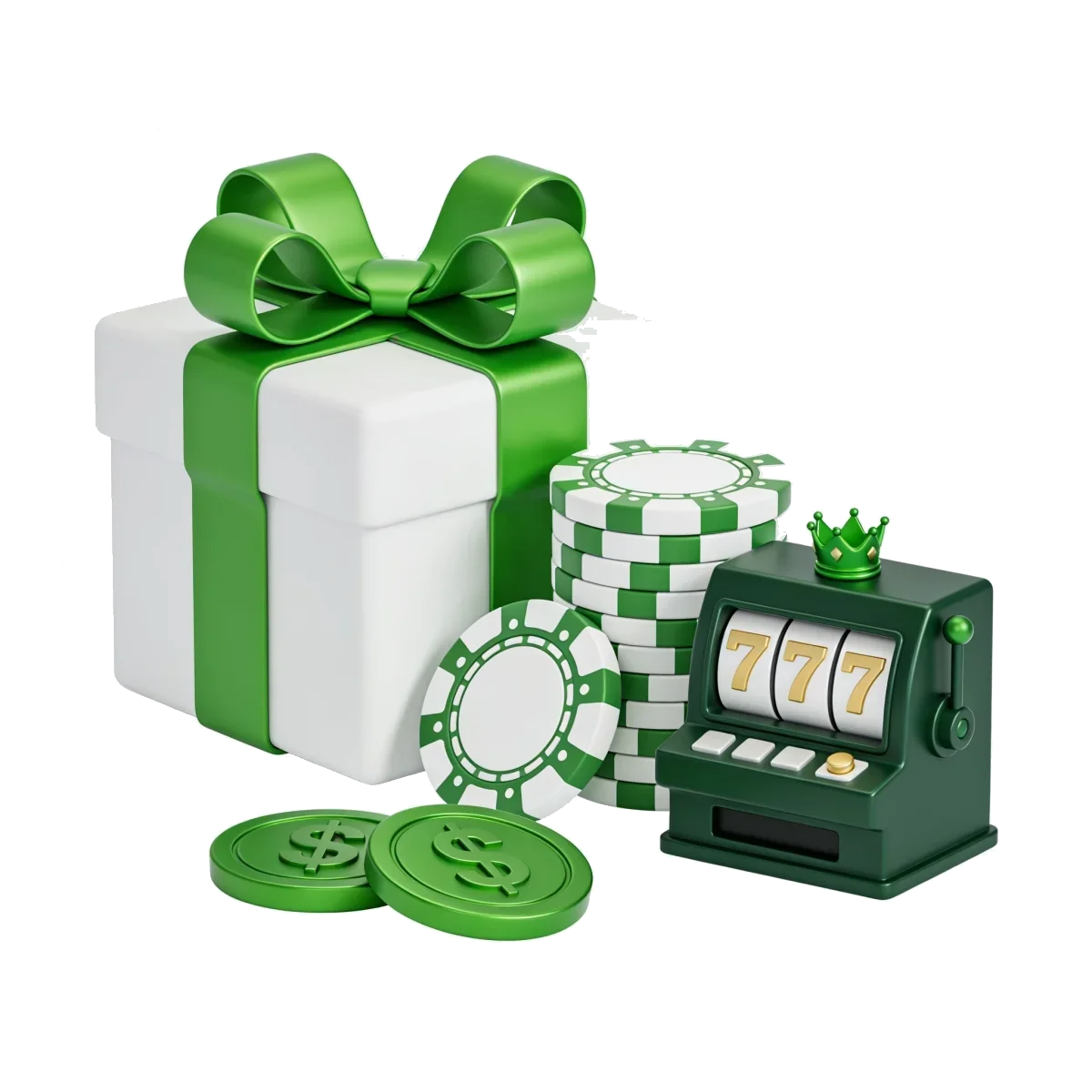 White gift box with green ribbon, casino chips and a slot machine showing 777